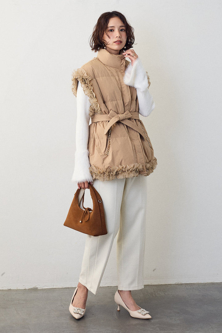 [予約/SET]フェザー切替スリーブフレアニット+フリルチュールスリーブ美ラインベスト(2set)