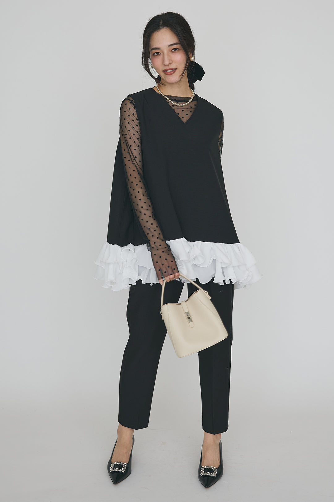 [予約]異素材フリルヘムVネックチュニック