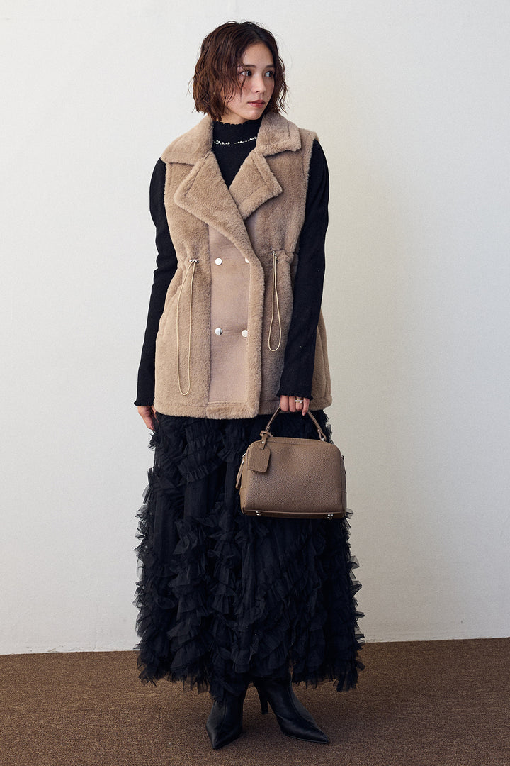 [予約/SET]ネックショルダーパールポイントニット+テディボアウエストドロストベスト+スフレアシメチュールスカート(3set)