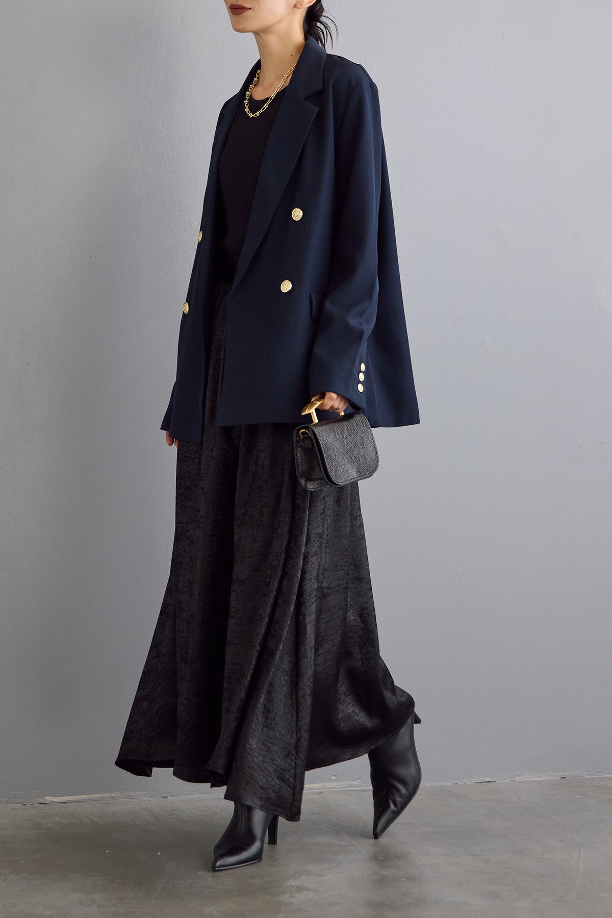 予約/SET]ゴールドダブルボタンテーラージャケット+シャイニーサテン