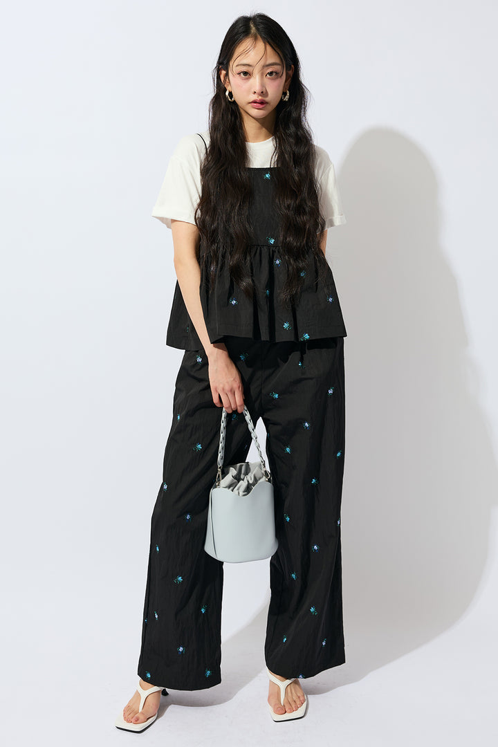 [予約/SET]ベーシック美ラインTシャツ+フラワー刺繍タフタキャミトップス+フラワー刺繍タフタストレートパンツ(3set)
