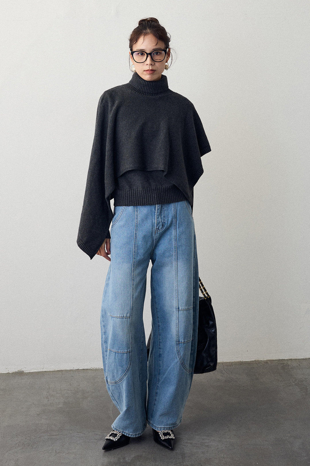 [予約/SET]アシメケープ2wayニット+ステッチ美ラインカーブデニムパンツ(2set)