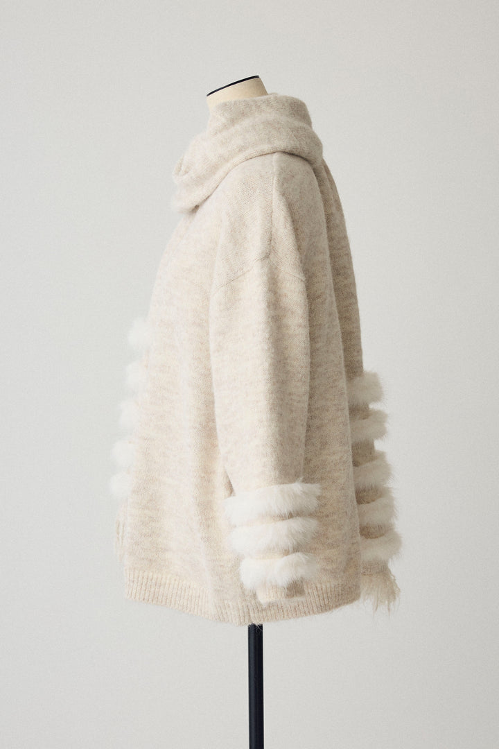 [予約]マフラー付きファーラインデザインニットカーデ