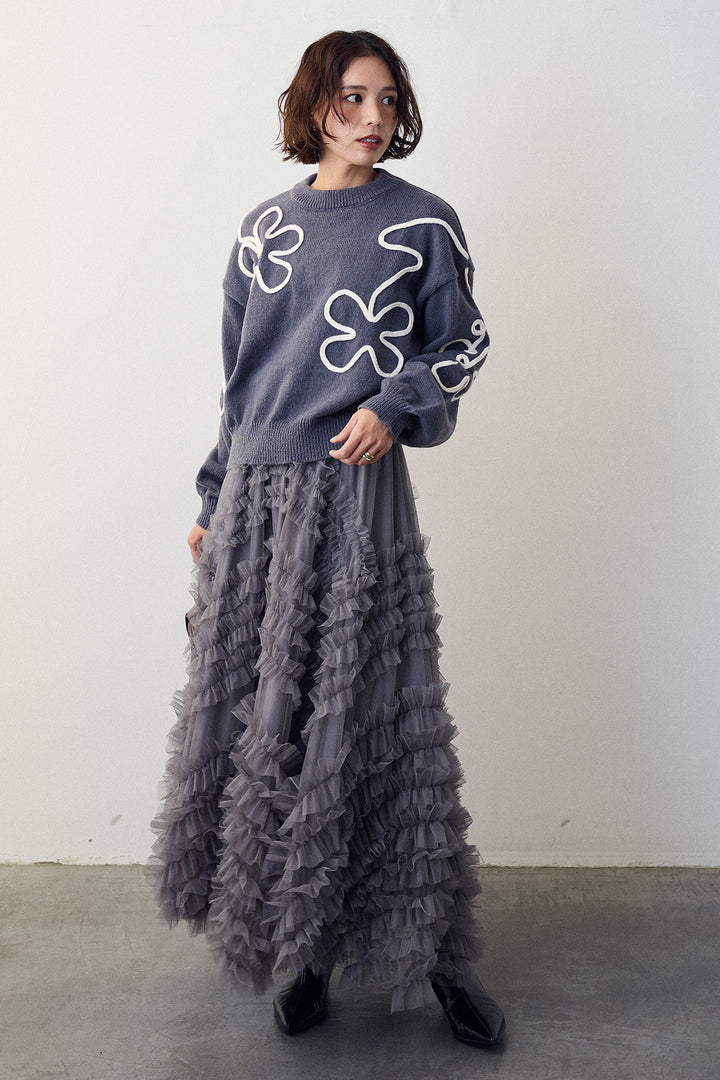 [予約/SET]コードフラワーニットプルオーバー+スフレアシメチュールスカート(2set)