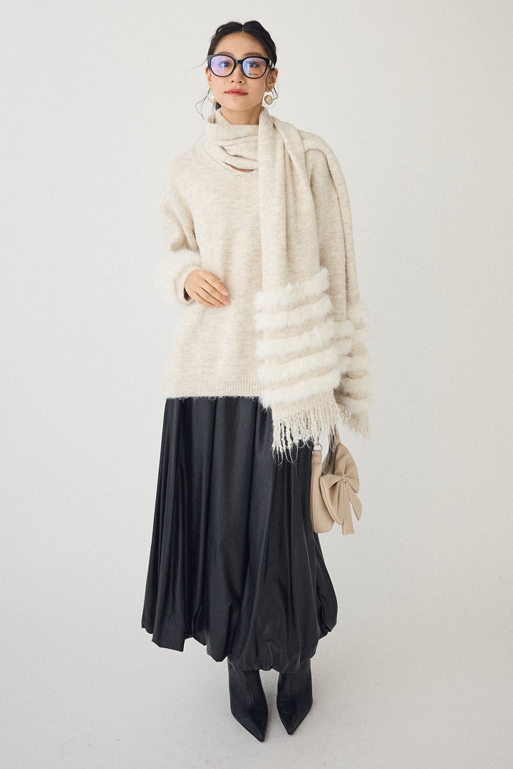 [予約/SET]マフラー付きファーラインデザインニットカーデ+レザーライクバルーンスカート(2set)