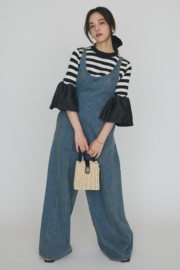 [予約/SET]タックフレア異素材ドッキングニットPO+美ラインデニムサロペット(2set)