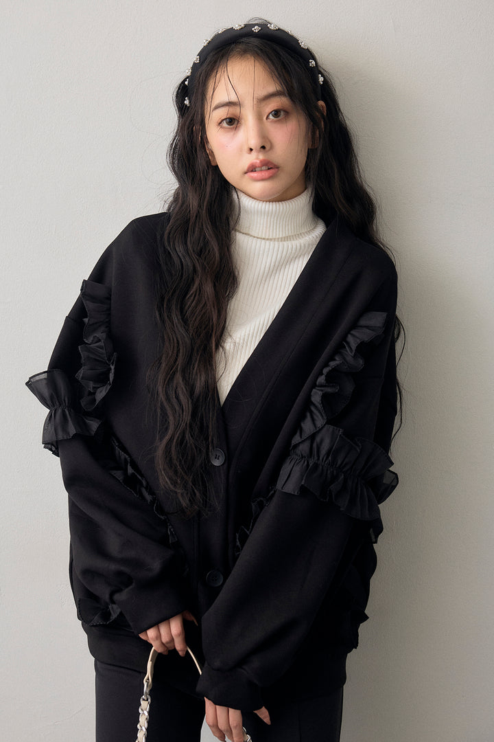 [予約/SET]異素材ランダムフリルポンチカーデ+センタースリットパールパンツ(2set)