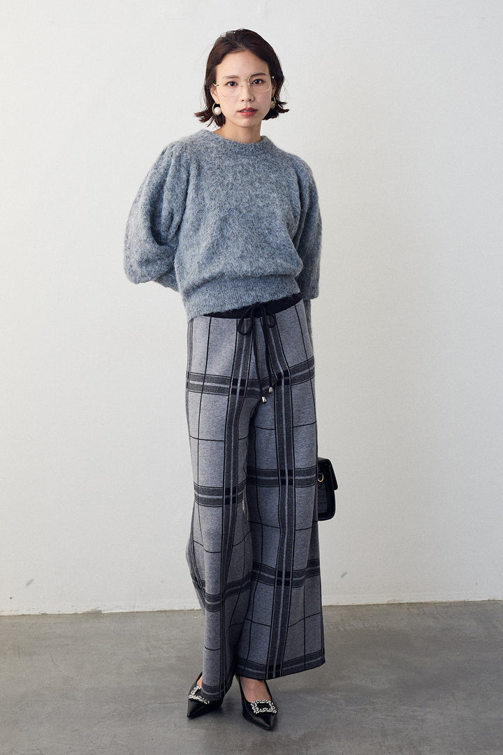 [予約/SET]モヘアパフスリーブプルオーバー+チェック柄ニットストレートパンツ(2set)
