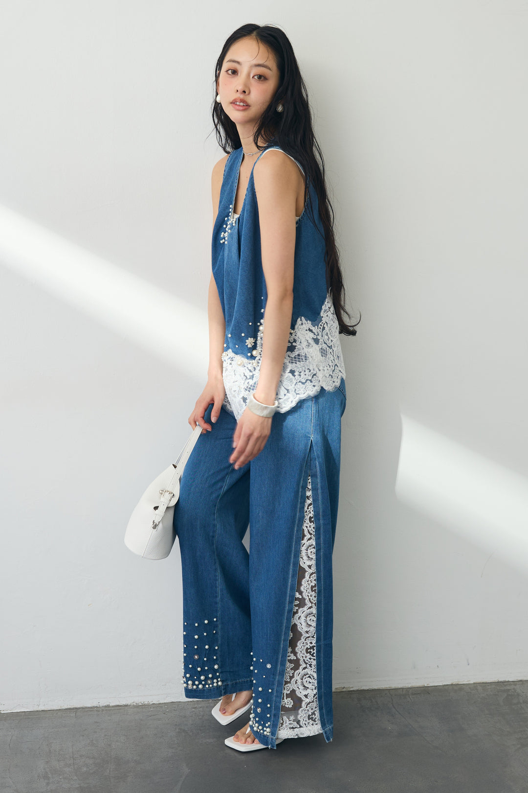 [予約]レースデコラティブパールデニムセットアップ