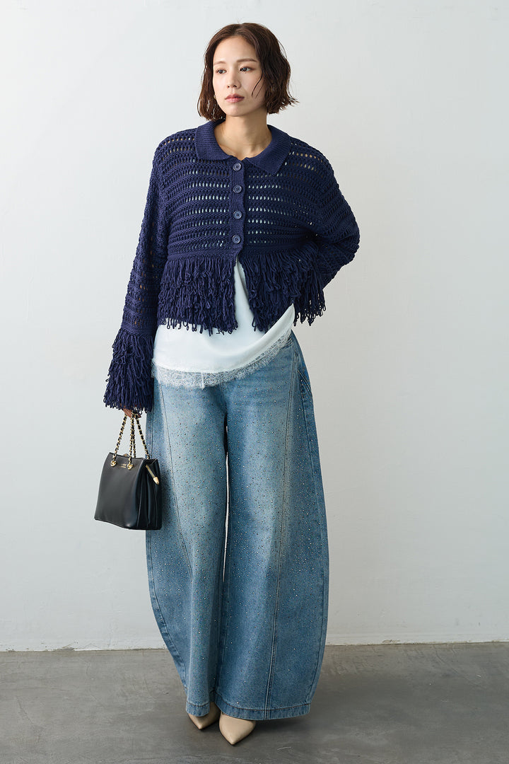 [予約/SET]繊細レースサテンキャミ+メッシュフリンジクロップドニット+スパークルラインストーンカーブデニム(3set)