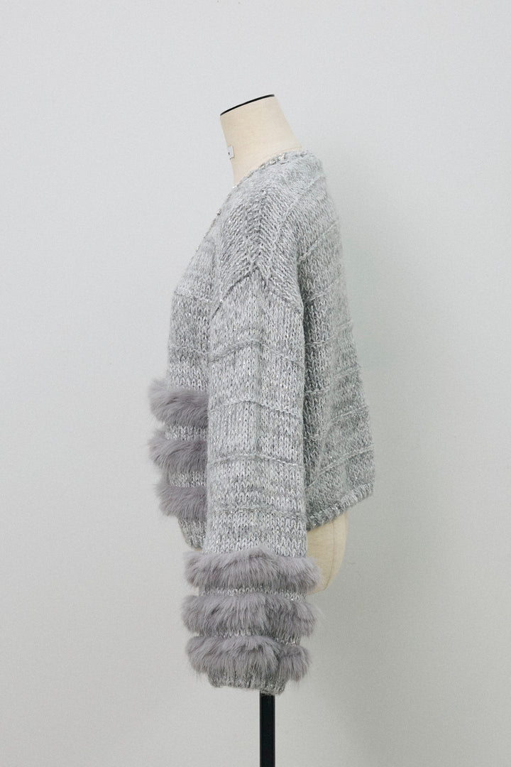 [予約]ネックビジューラインファーニットカーデ