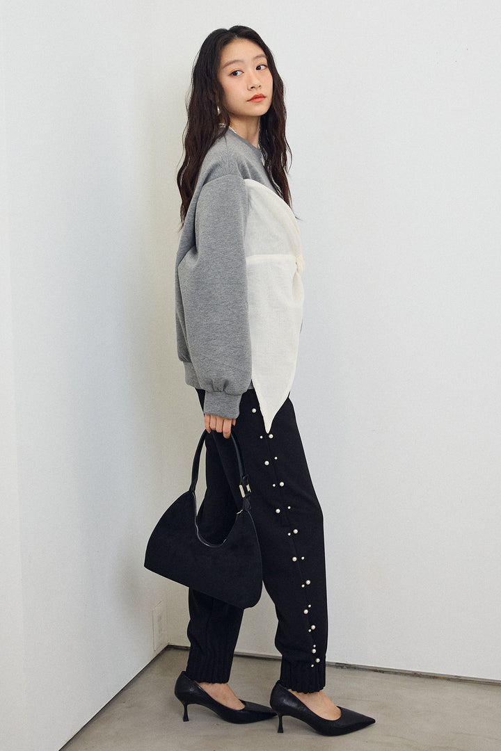 [予約/SET]オーガンジーBIGリボンプルオーバー+サイドパール裾タックジョガーパンツ(2set)