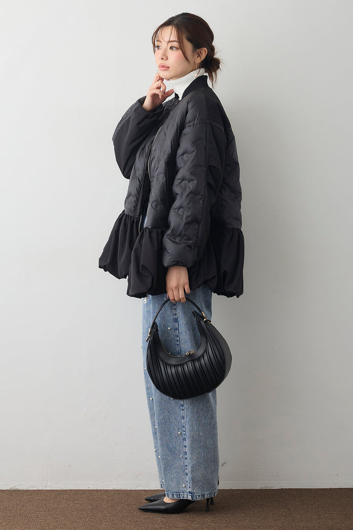 [予約/SET]ヘムギャザードットキルティング中綿フレアコート+パールスタッズストレートハイウエストデニム(2set)