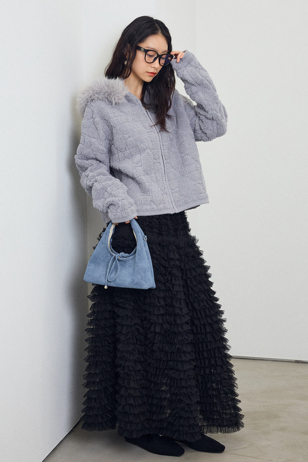 [予約/SET]フードファーキルトZIPニットブルゾン+ホイップチュールティアードスカート(2set)