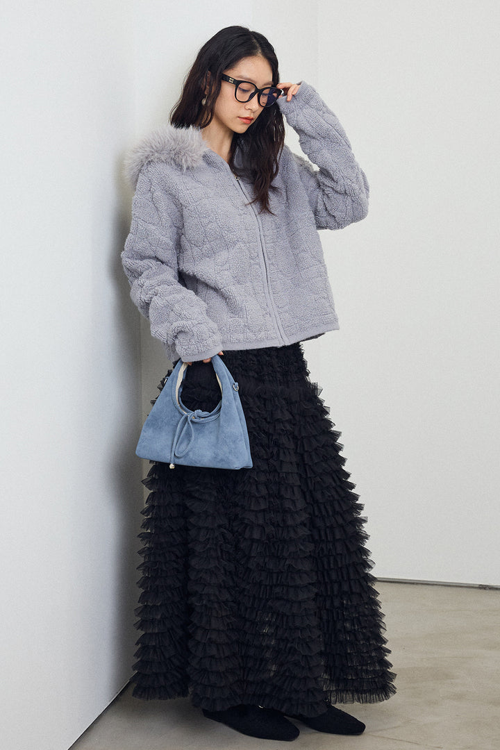 [予約/SET]フードファーキルトZIPニットブルゾン+ホイップチュールティアードスカート(2set)