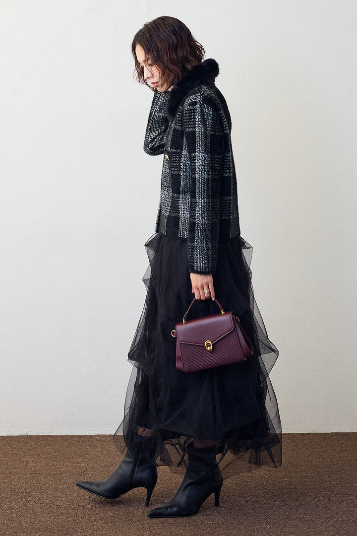 [予約/SET]チェック柄ファー襟コーディガン+マルチパターンタックチュールスカート(2set)