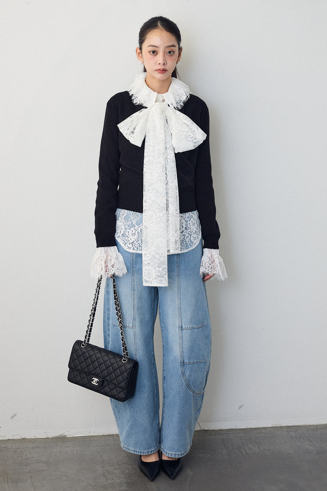 [予約/SET]クラシカルレースボウタイブラウス+カシュクールデザインニット+ステッチ美ラインカーブデニムパンツ(3set)
