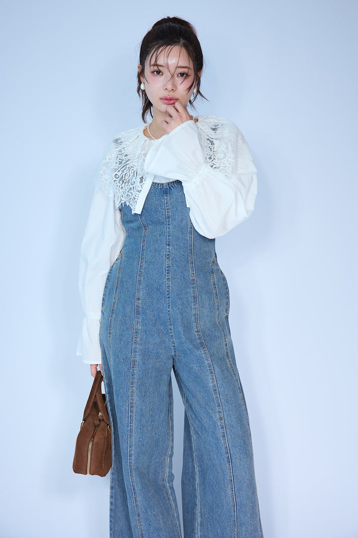 [予約/SET]繊細レースカラーキャンディースリーブブラウス+美ラインデニムサロペット(2set)