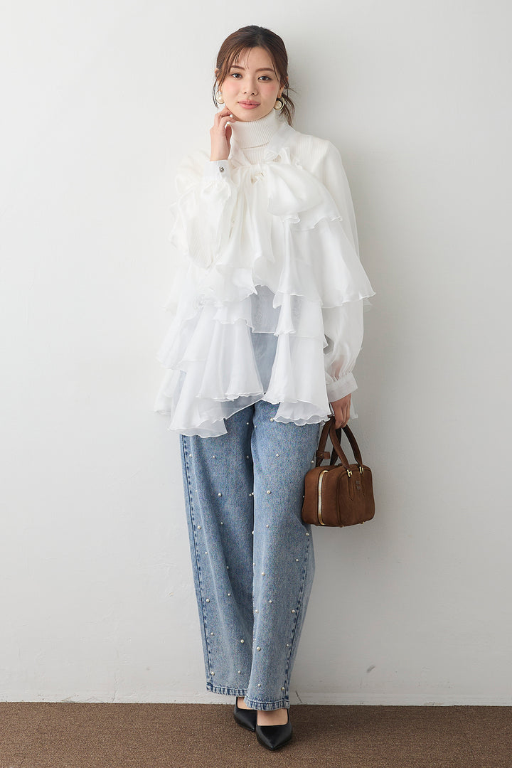 [予約/SET]ベーシックリブタートルニット+フロントBIGリボンティアードエアリーチュニック+パールスタッズストレートハイウエストデニム(3set)