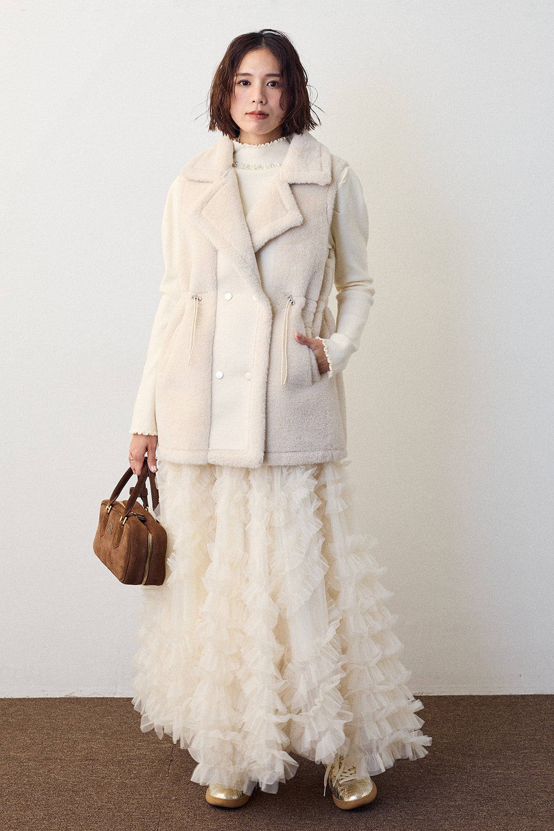 [予約/SET]ネックショルダーパールポイントニット+テディボアウエストドロストベスト(2set)