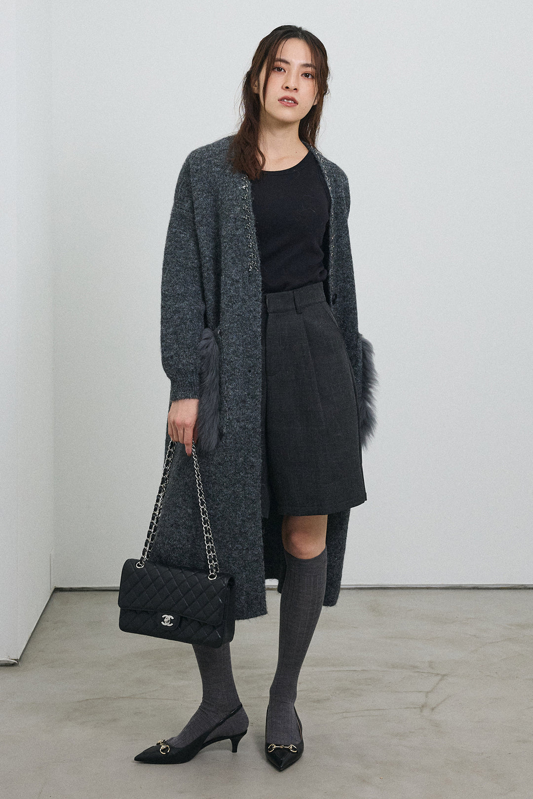 [予約/SET]ファーポケットロングニットカーデ+ウールタッチセンタープレスハーフパンツ(2set)