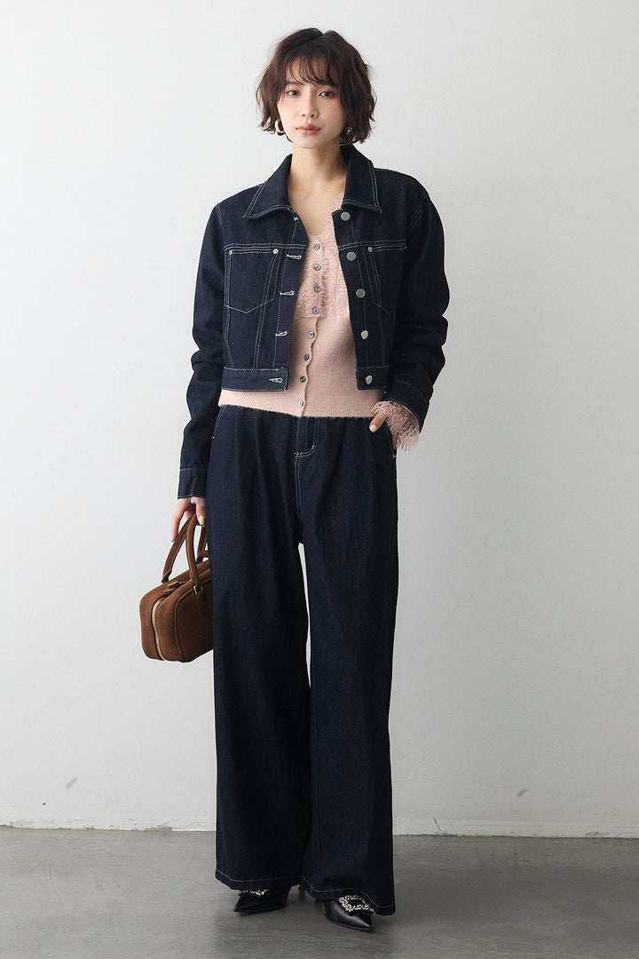 [予約/SET]レースVラインボタンニット+クロップドデニムセットアップ(2set)