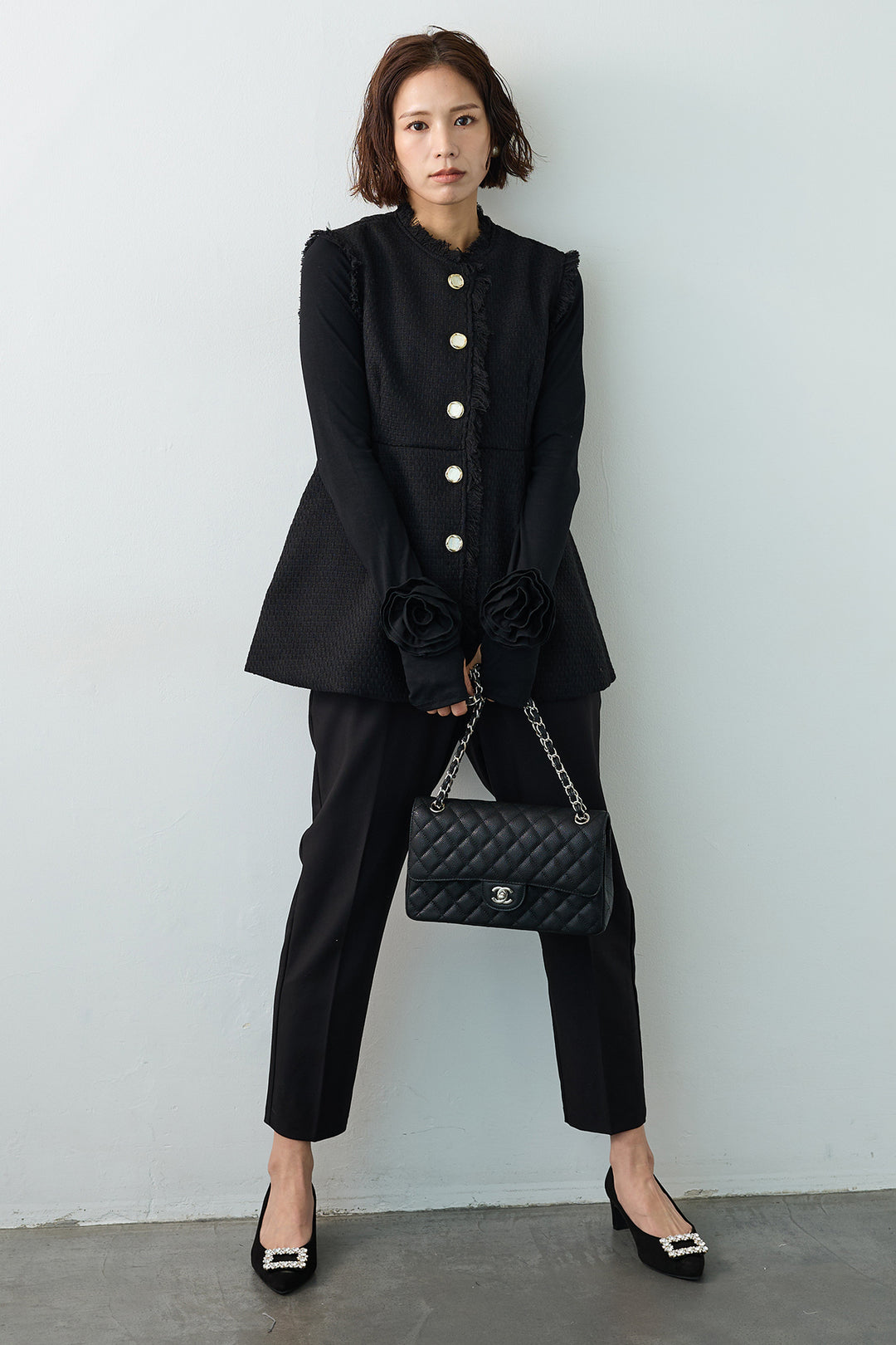 [予約/SET]ツイードペプラム美フォルムジレ+タックテーパードパンツ(2set)