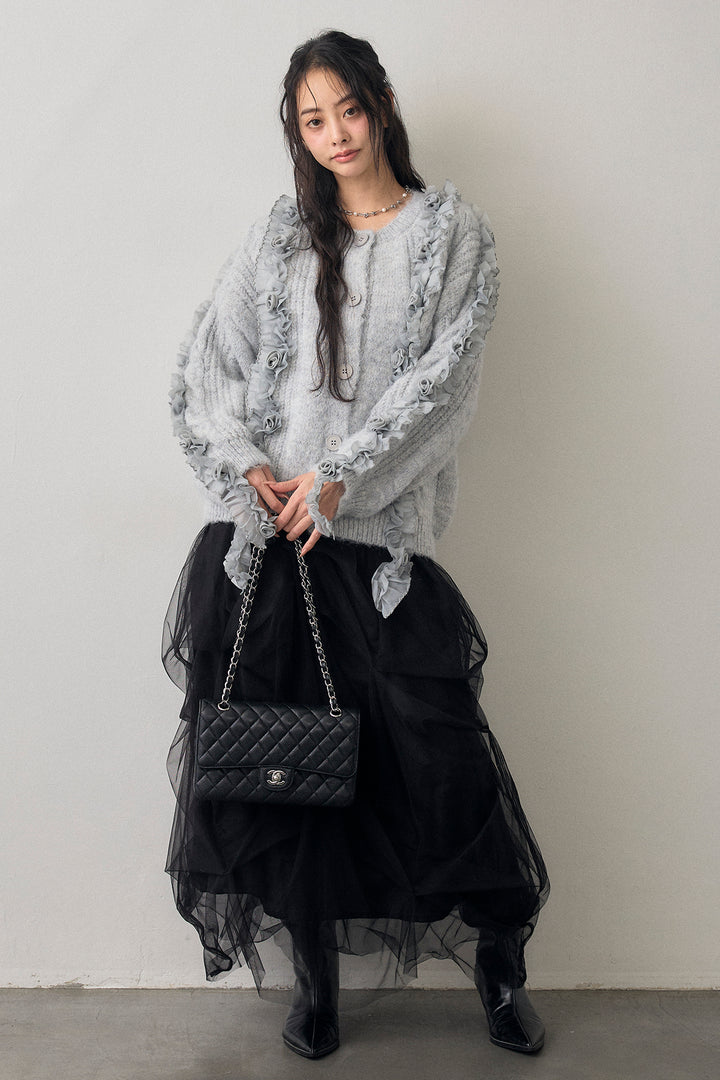 [予約/SET]フリルローズドッキングニットカーデ+マルチパターンタックチュールスカート(2set)
