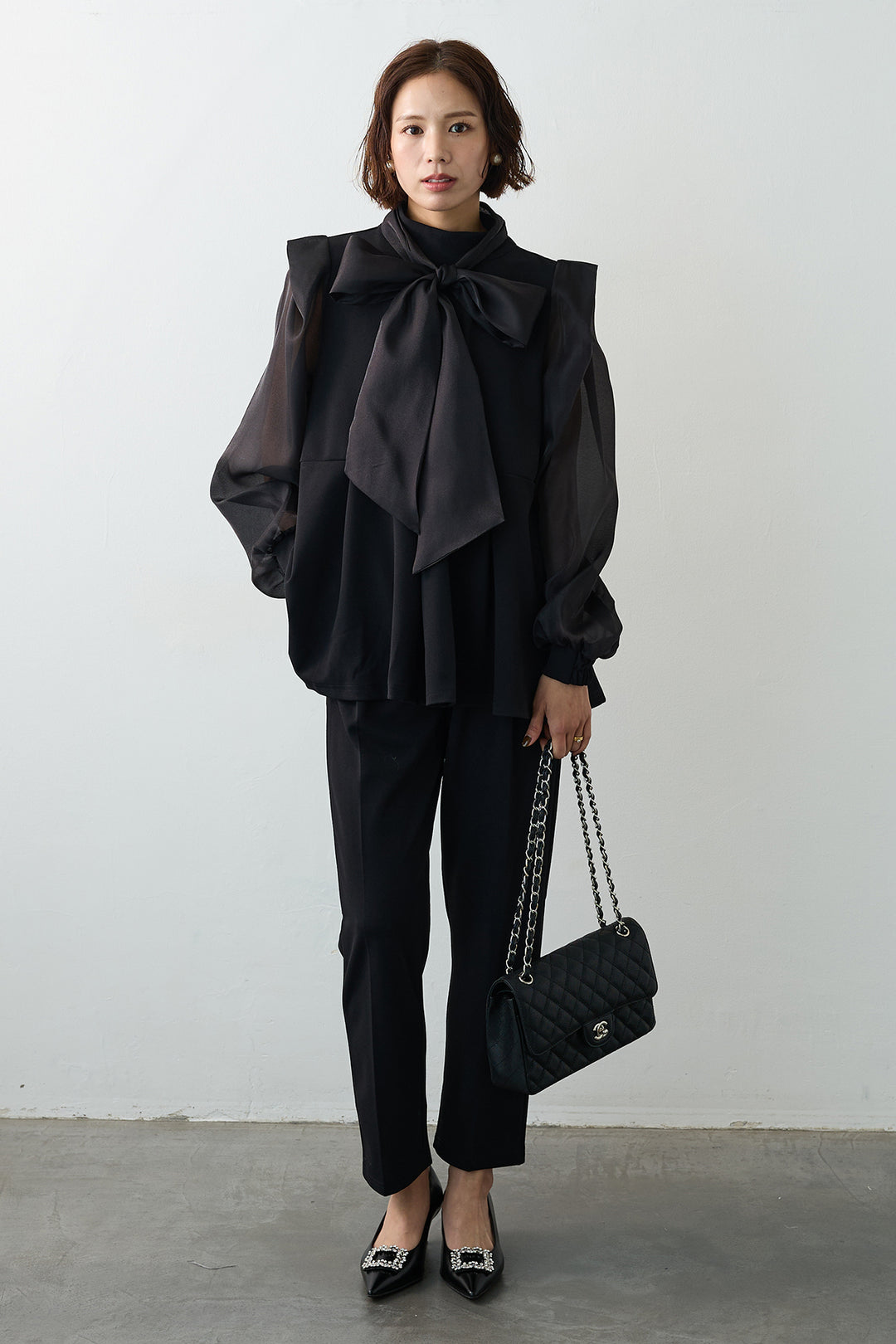 [予約/SET]シアーリボン異素材ドッキングペプラムブラウス+スリムテーパードパンツ(2set)