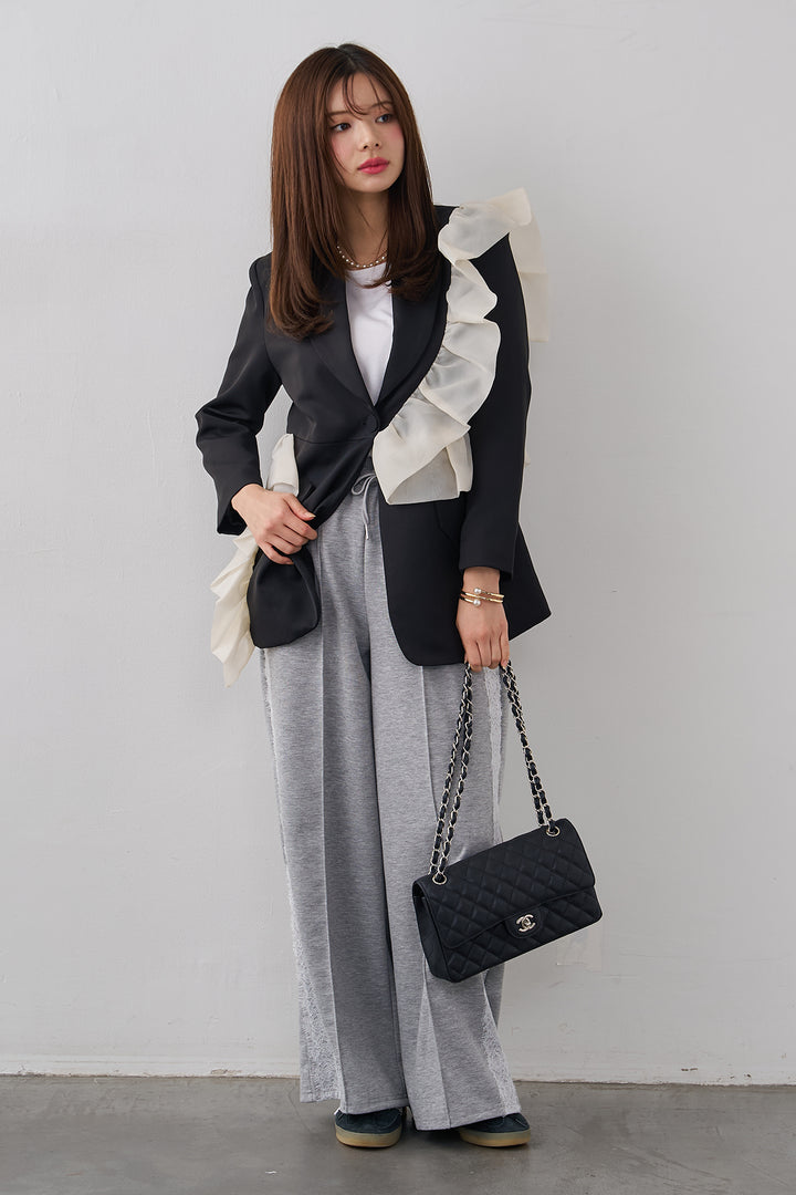 [予約/SET]アシメフリルマニッシュジャケット+サイドレースWフェイスカットソーパンツ(2set)