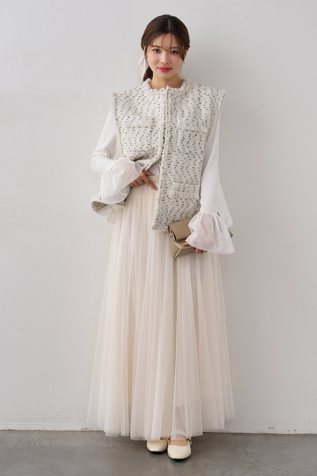 [予約/SET]チュールシアーカフスリブニット+異素材切り替えツイードベスト+エアリーチュールフレアスカート(3set)