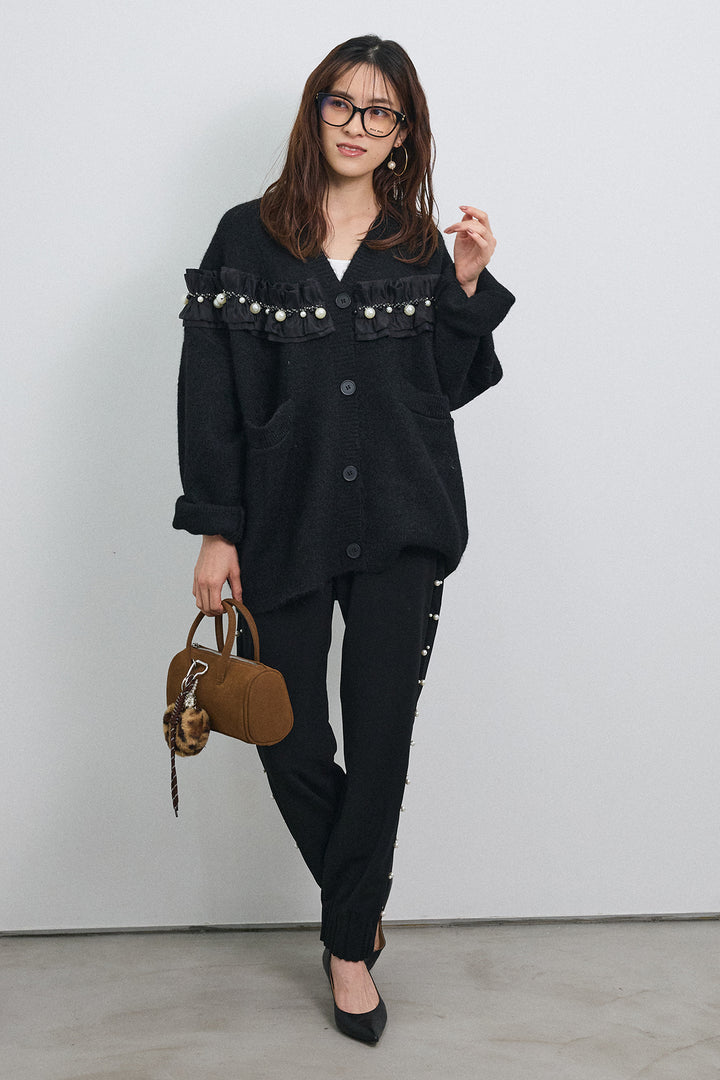 [予約/SET]フリルパールドッキングニットコーディガン+サイドパール裾タックジョガーパンツ(2set)