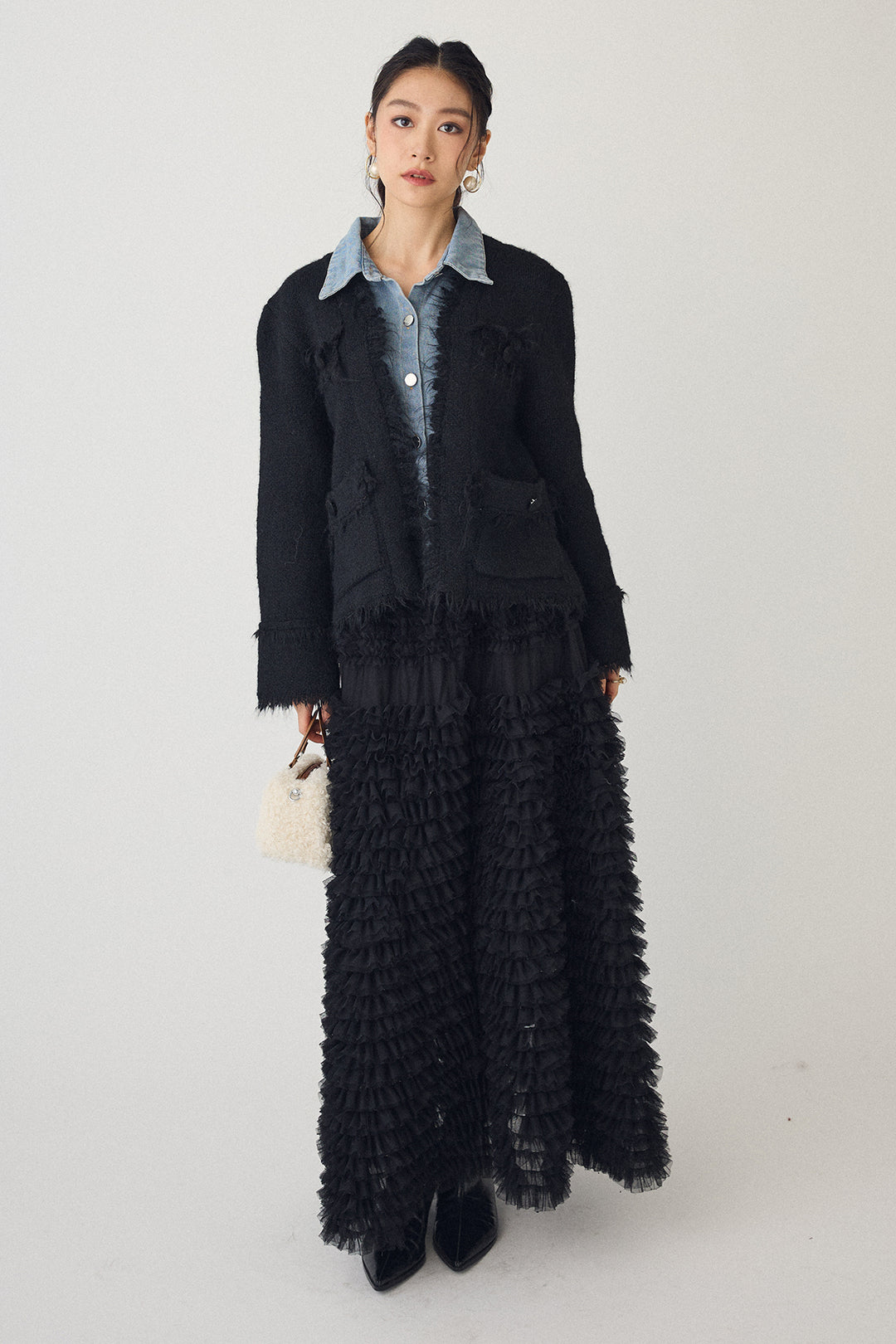 [予約/SET]デニムシャツドッキングツイードカーデ+ホイップチュールティアードスカート(2set)