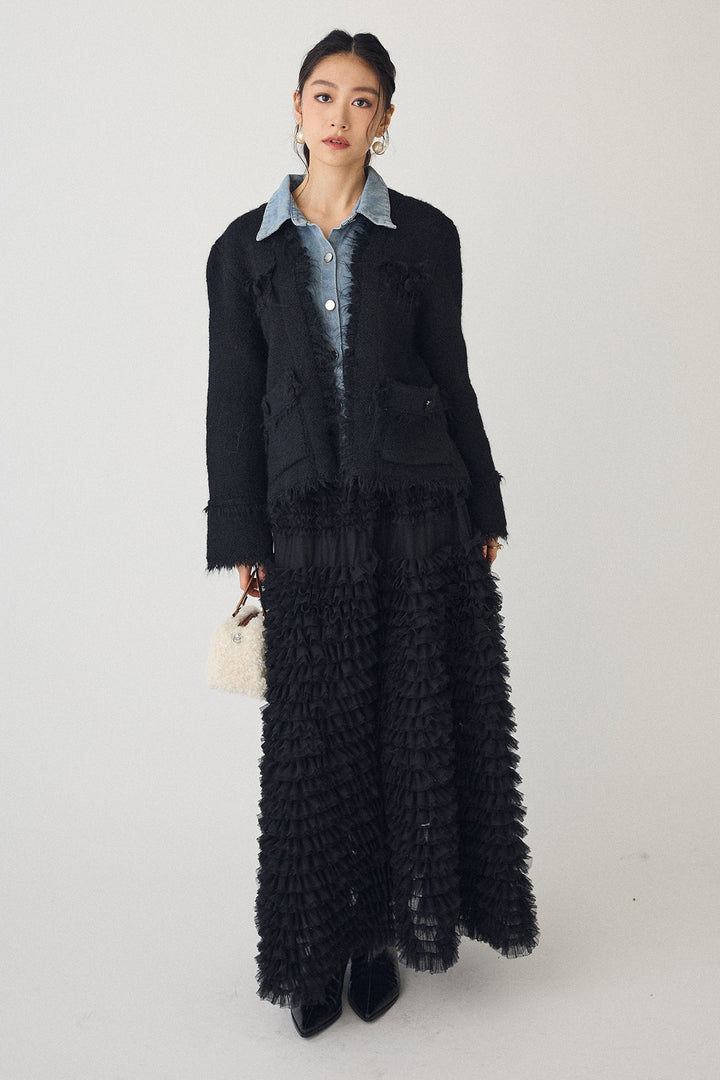 [予約/SET]デニムシャツドッキングツイードカーデ+ホイップチュールティアードスカート(2set)