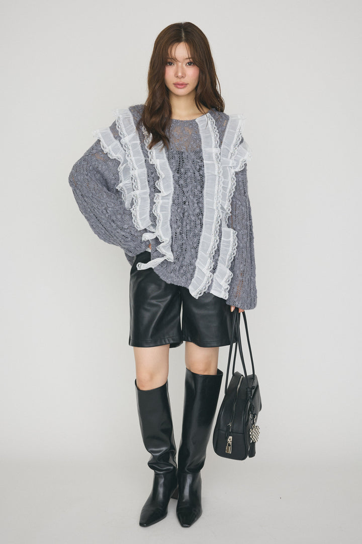 [予約/SET]シアーフリルデコレーションニット+フェイクレザーベーシックパンツ(2set)