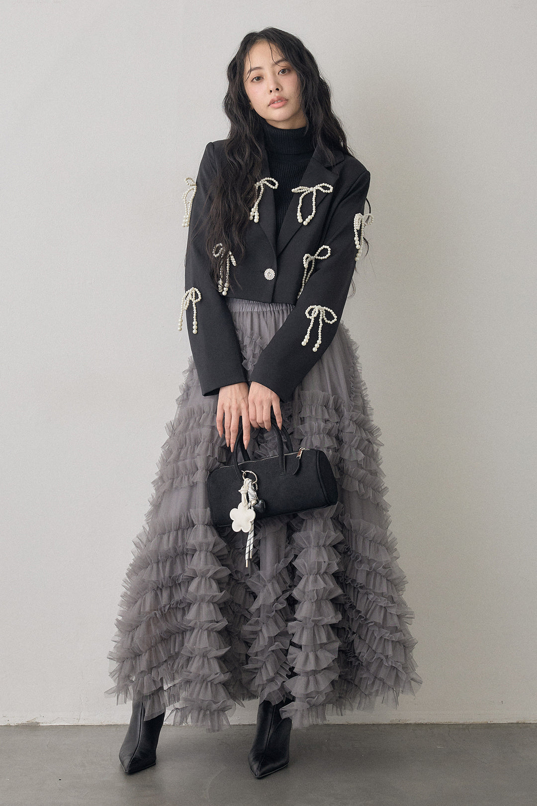 [予約/SET]パールリボンクロップドジャケット+スフレアシメチュールスカート(2set)