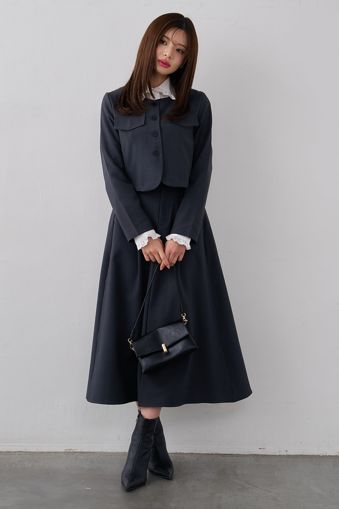 [予約/SET]ミニフリル襟ボリュームスリーブブラウス+ノーカラークロップドジャケットスカートセット(2set)