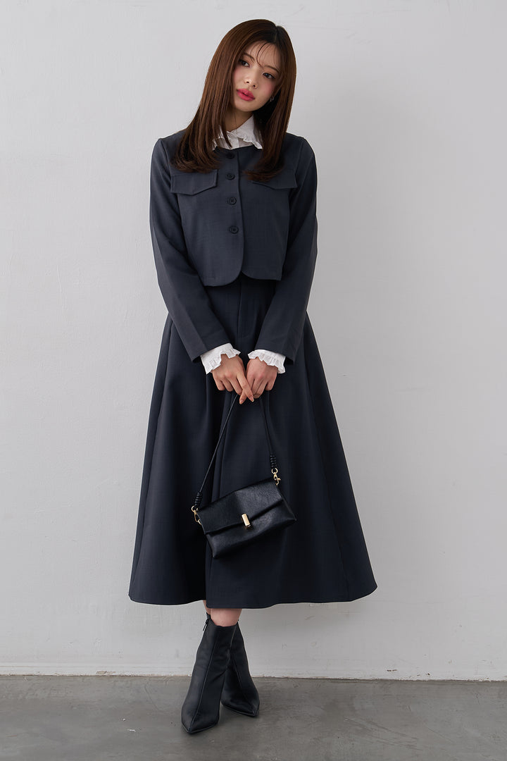 [予約/SET]ミニフリル襟ボリュームスリーブブラウス+ノーカラークロップドジャケットスカートセット(2set)