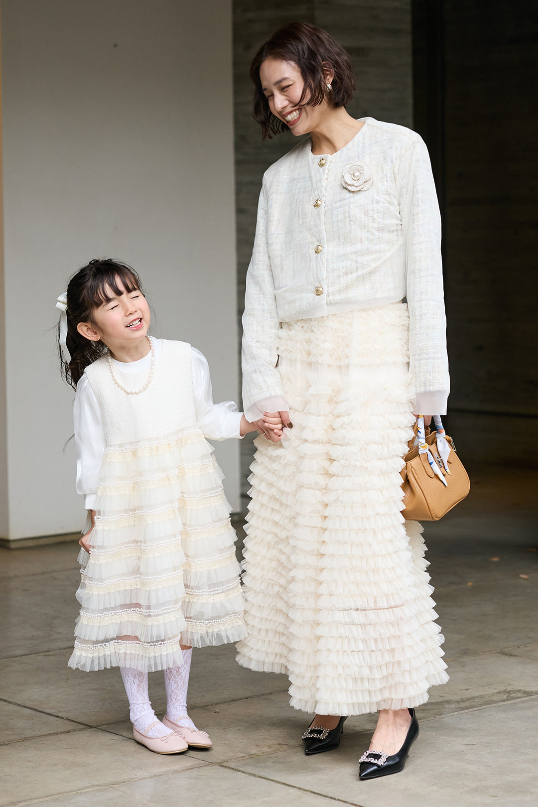[予約/親子SET][kids]ティアードプリーツパールワンピセット+ツイード×チュールレイヤードクロップドジャケット+ホイップチュールティアードスカート(3set)