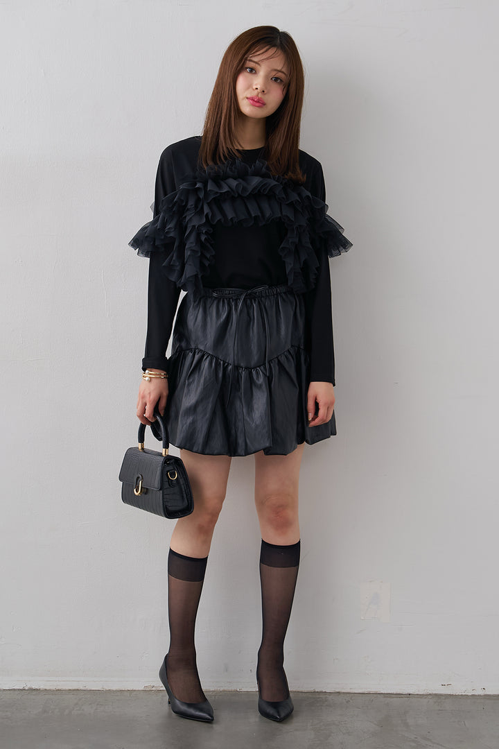 [予約/SET]マルチwayフリルカットトップス+フェイクレザーティアードバルーンミニスカート(2set)