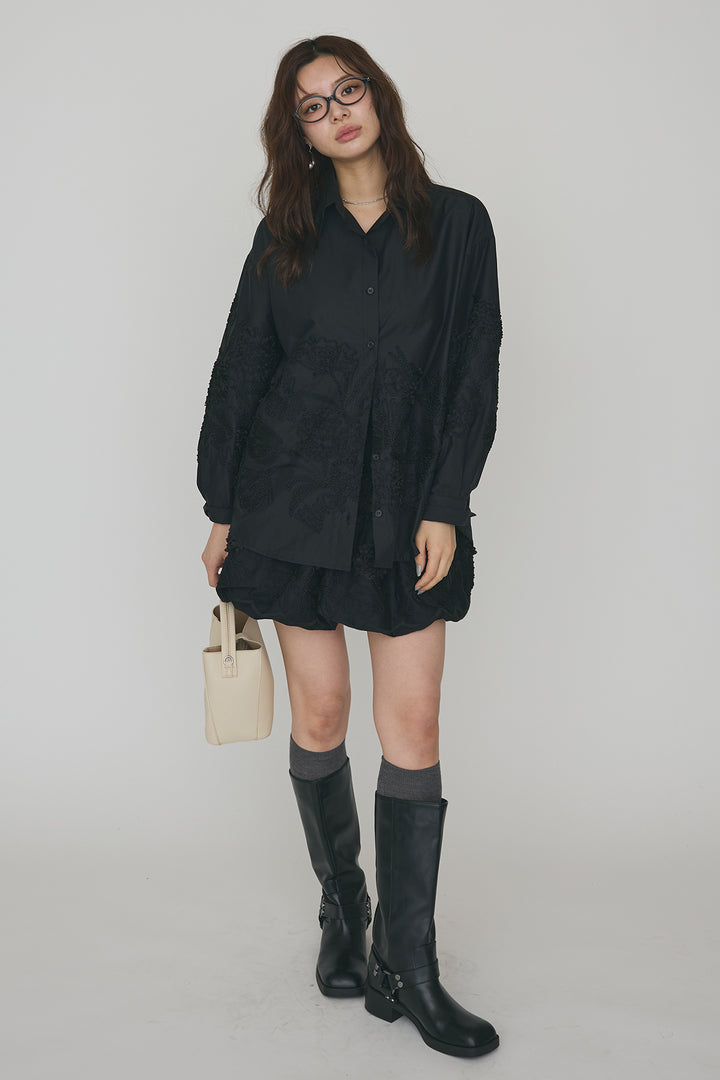 [予約/SET]フラワー刺繍モチーフオーバーシャツ+フラワー刺繍バルーンスカート(2set)