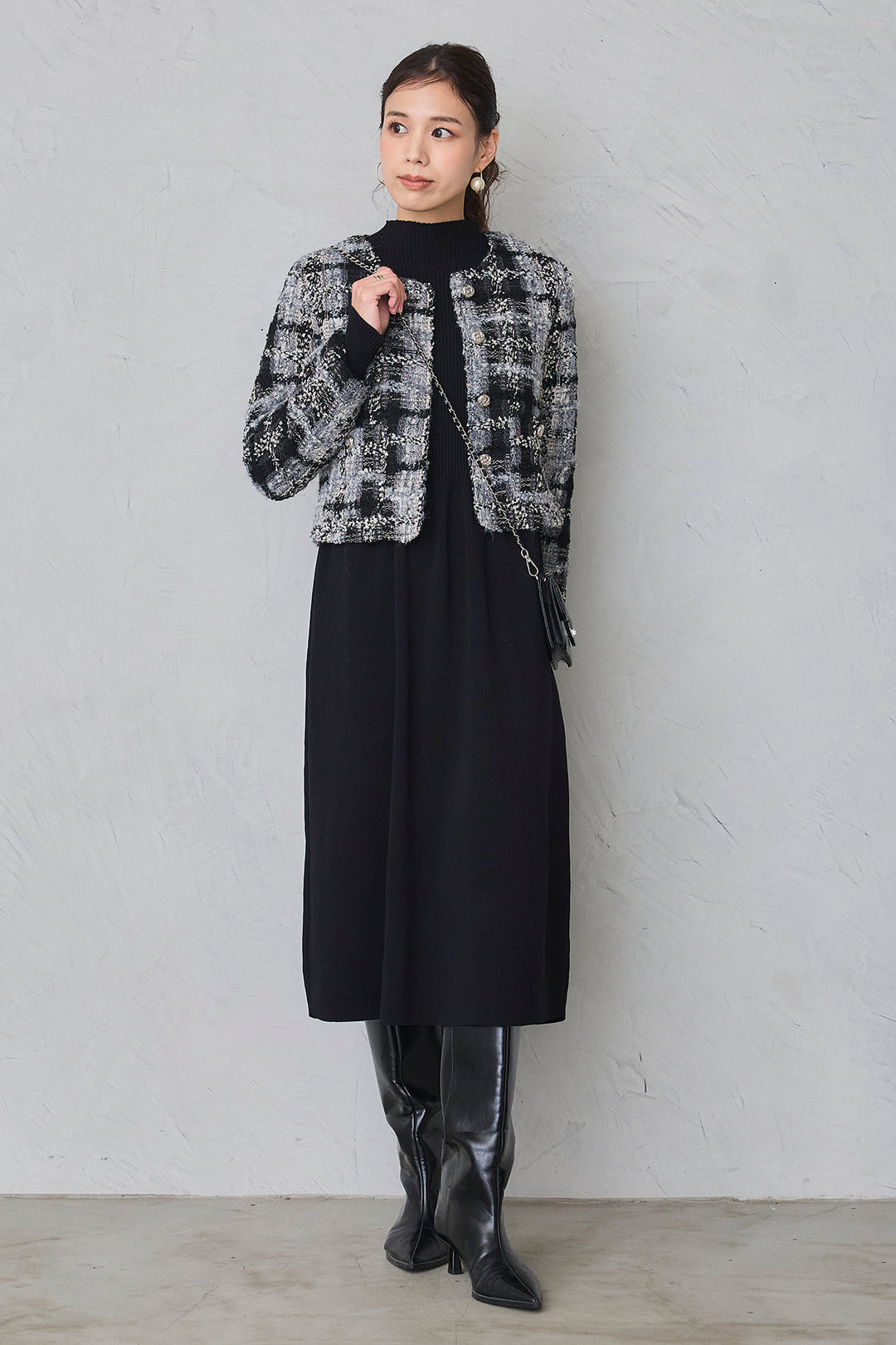 [予約/SET]ツイードチェッククロップドジャケット+リブセミフレアニットワンピース(2set)