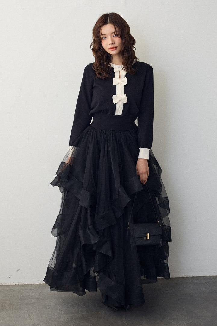 [予約/SET]フロントリボンモチーフカーデ+ランダムフリルティアードボリュームスカート(2set)