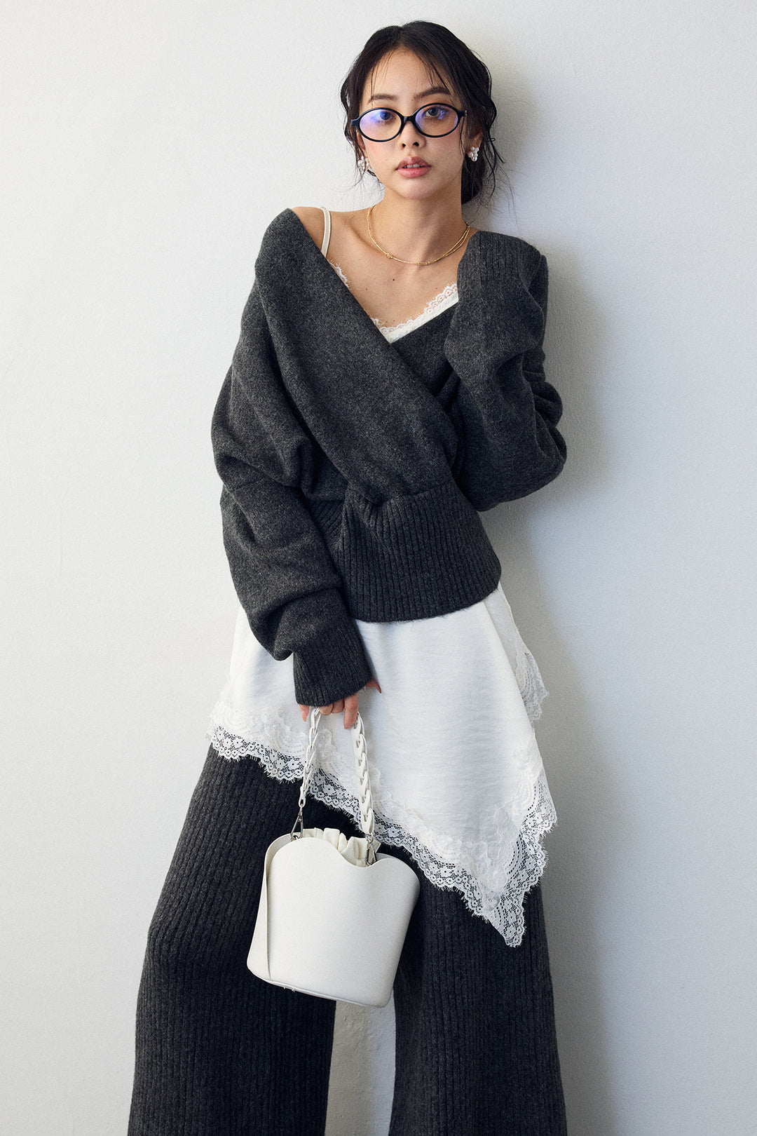 [予約/SET]カシュクール美ラインニットセットアップ+サテンレースアシメキャミ(2set)