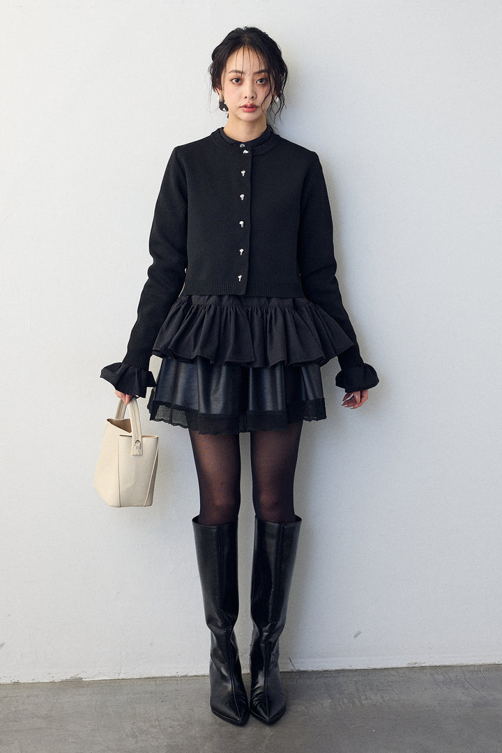 [予約/SET]フリルヘムスリーブブラウス+メタルボタンベーシックカーデ+レザーライクフレアショートパンツ(3set)