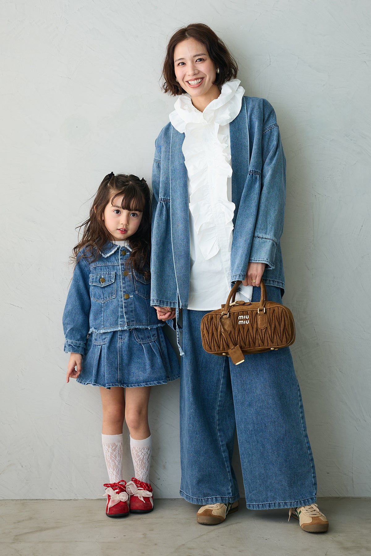 予約/親子SET][kids]ボックスプリーツデニムセットアップ+ブルーム