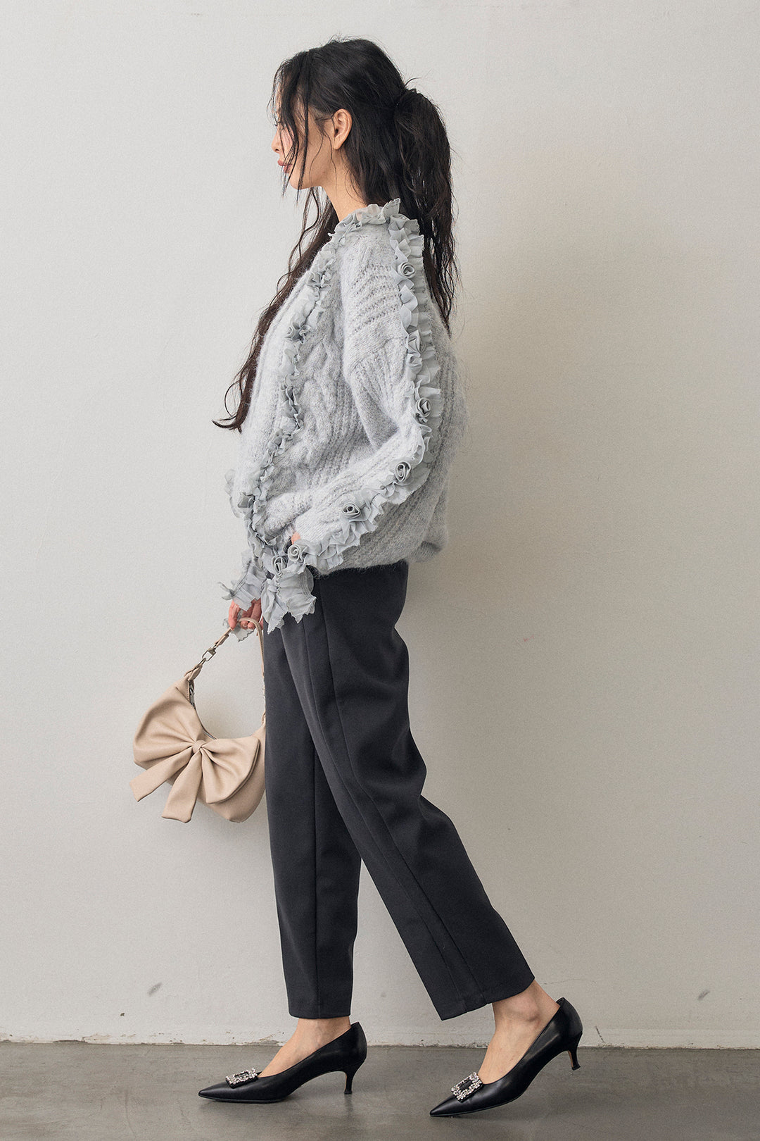 [予約/SET]フリルローズドッキングニットカーデ+ウォームセンタープレス美ラインテーパードパンツ(2set)