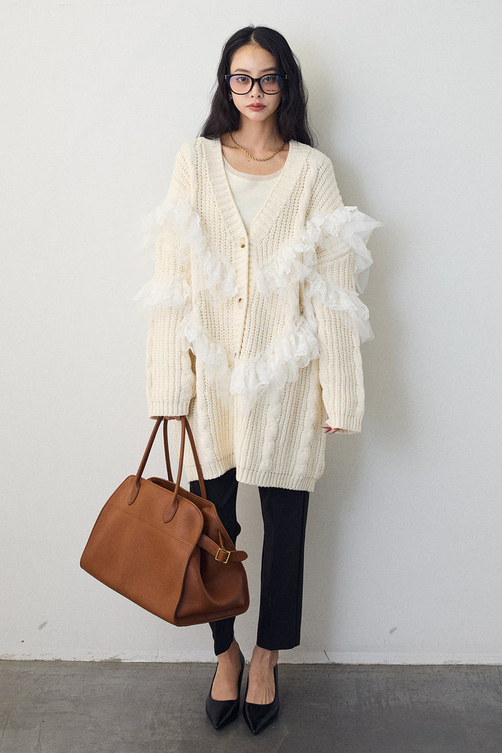 [予約/SET]ラッフルレースドッキングニットBIGカーデ+タックテーパードパンツ(2set)