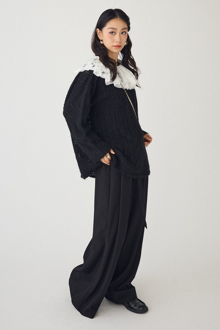 [予約/SET]ダブルレースカラードッキングニット+とろみタックハイウエストタックワイドパンツ(2set)