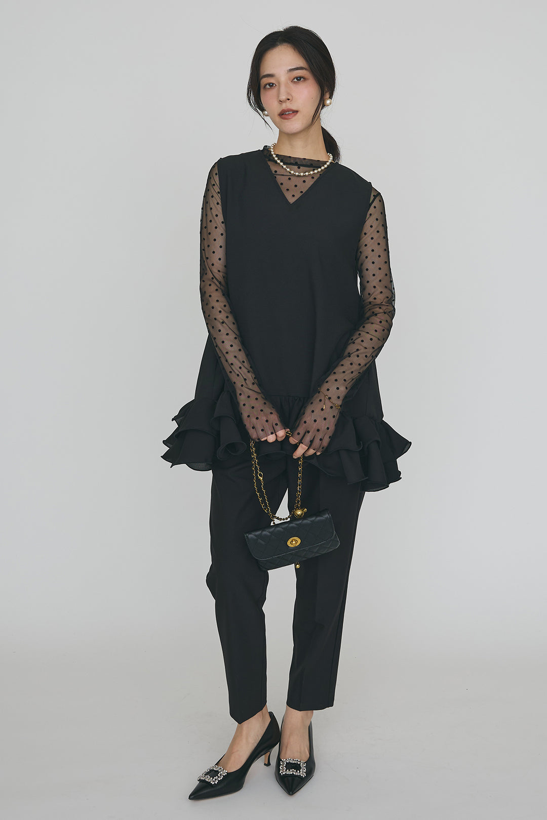 [予約/SET]シアードットフロッキートップス+異素材フリルヘムVネックチュニック+タックテーパードパンツ(3set)